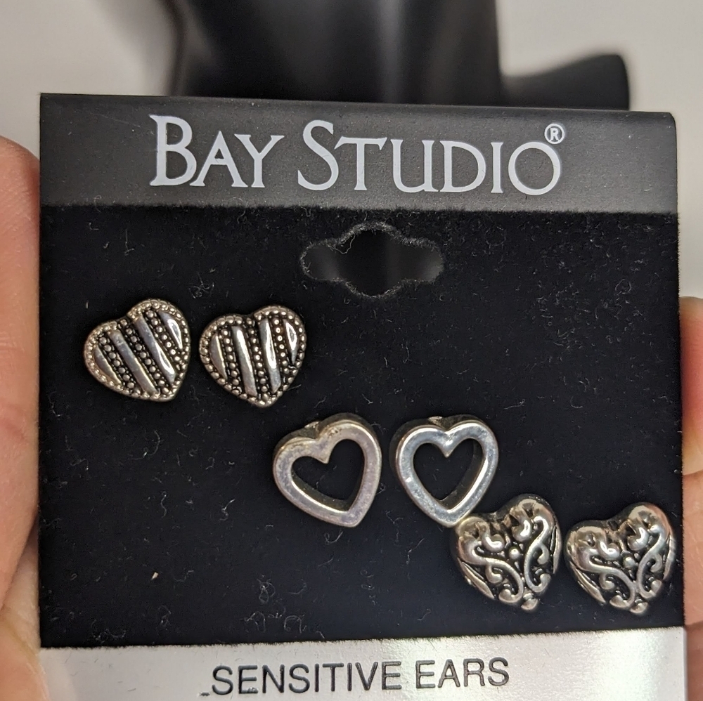 Bay Studio Silver Tone Heart Trio Set Earrings